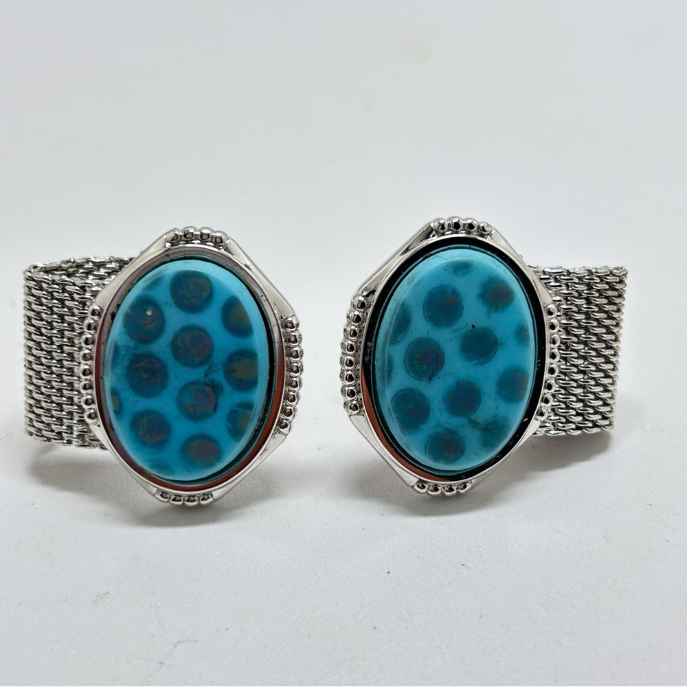 Silver Mesh Cufflinks, Funky Dotted Stones, Medium Blue & Dark Blue, Hallmarked